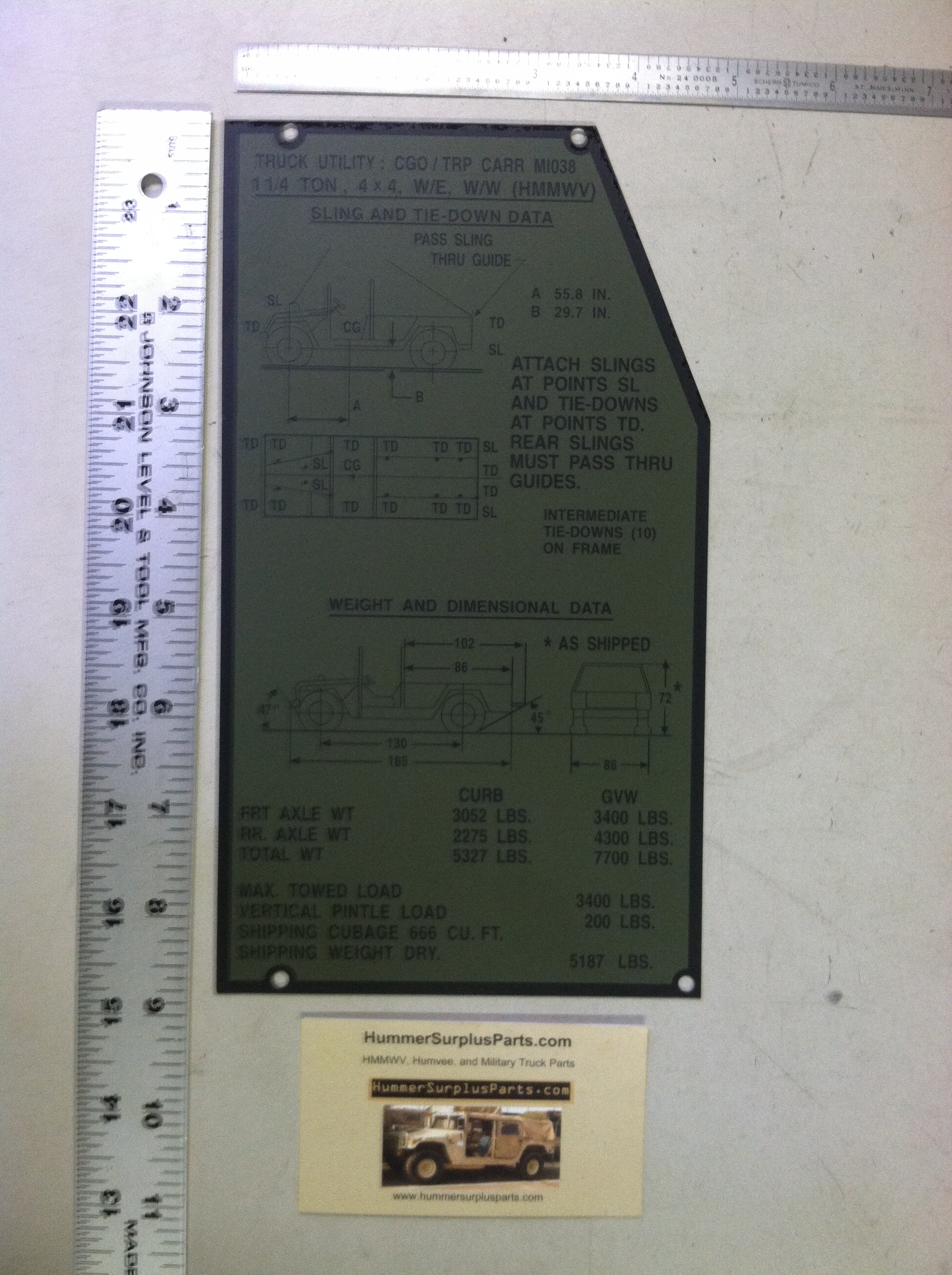 HMMWV M1038 Tie Down Information Plate 12339901 9905-01-248-9546